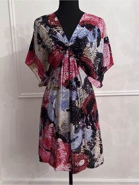 leifsdottir Multicolor V-Neck Dress with Black, Blue, and Red Accents